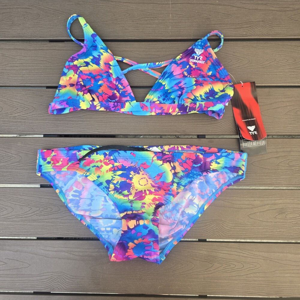 TYR Durafast Women's Groovy  Multi Triangle Top Workout Bikini Set Sz XL NEW